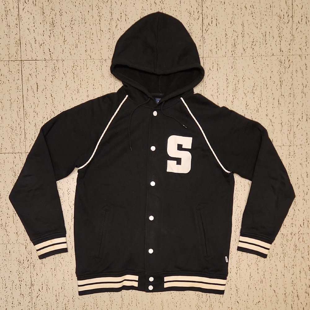 Stussy Black Big Spellout Varsity Style Button Down Sweater Hoodie Vintage Y2K